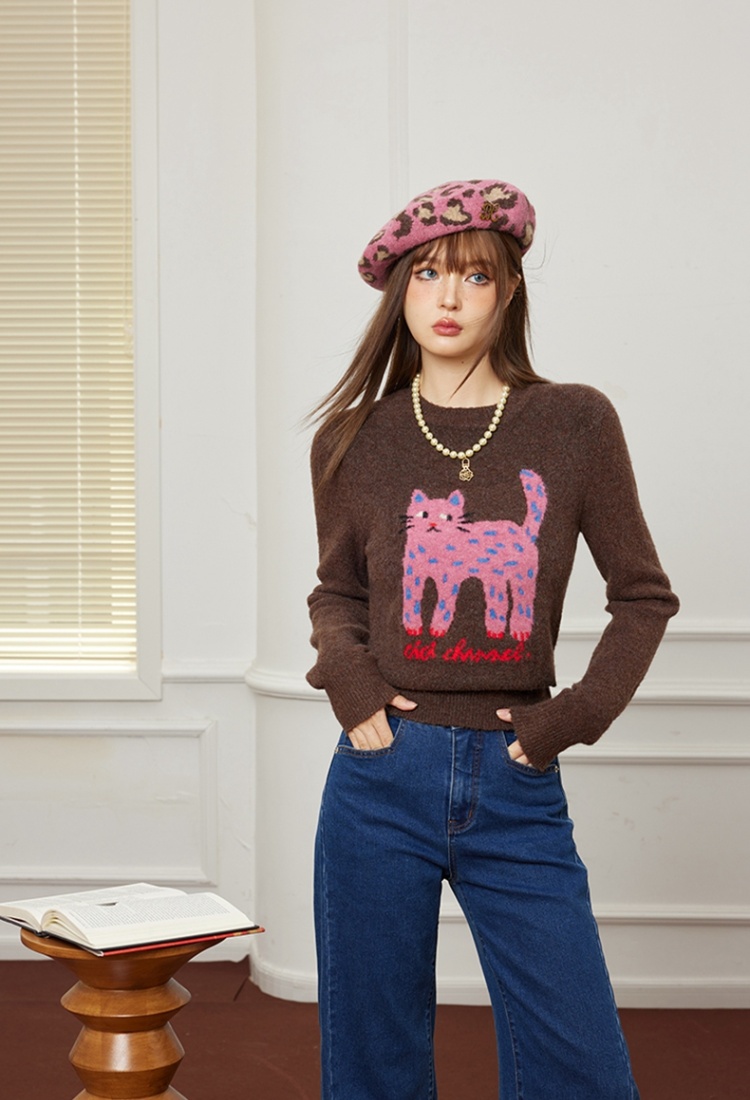 Cartoon knitted spring and autumn cat sweater for women