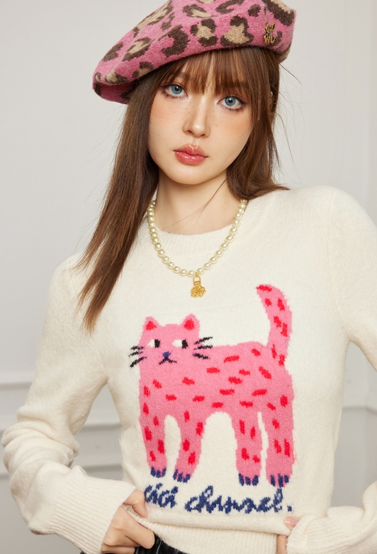 Cartoon knitted spring and autumn cat sweater for women