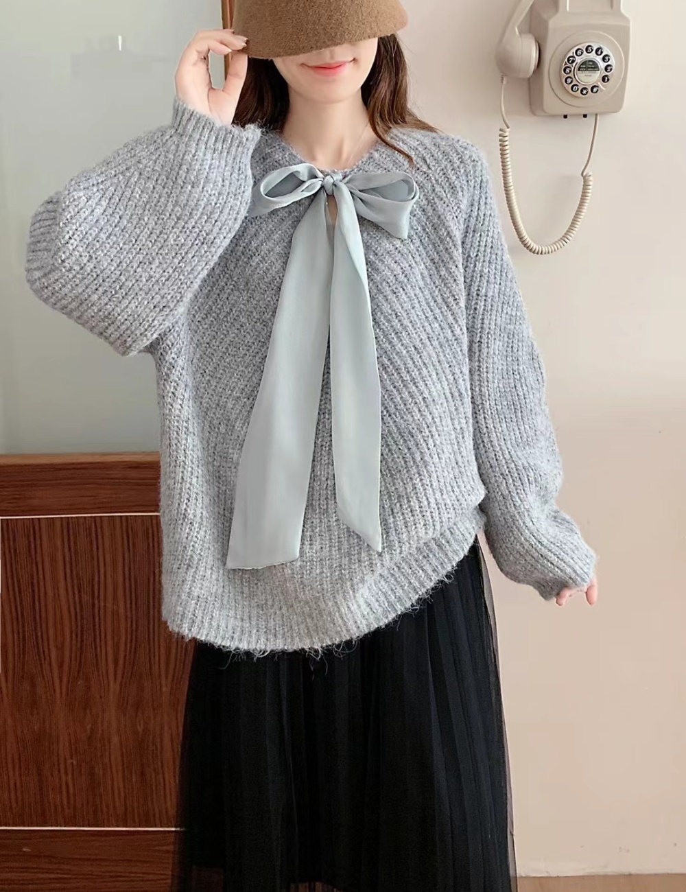 Long sleeve France style bow pure sweater for women