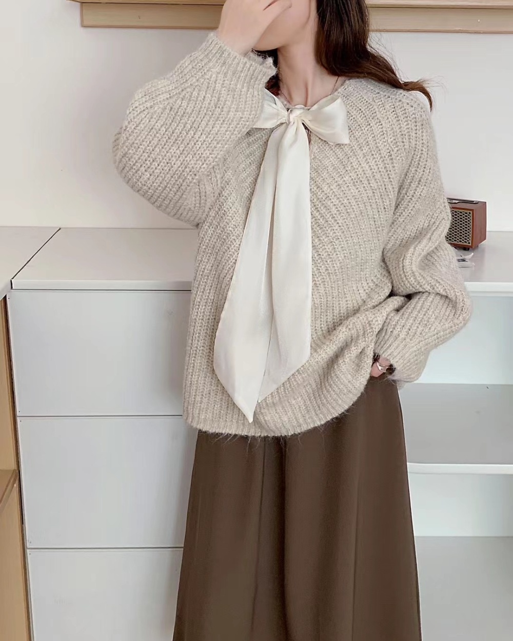 Long sleeve France style bow pure sweater for women