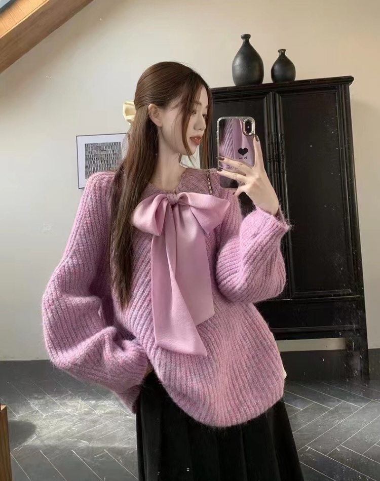 Long sleeve France style bow pure sweater for women