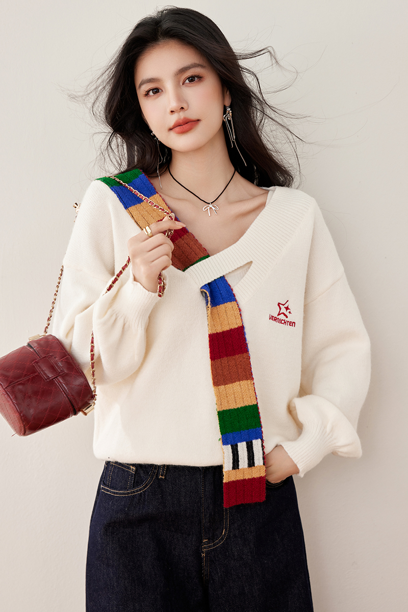 Retro autumn and winter sweater splice V-neck coat for women