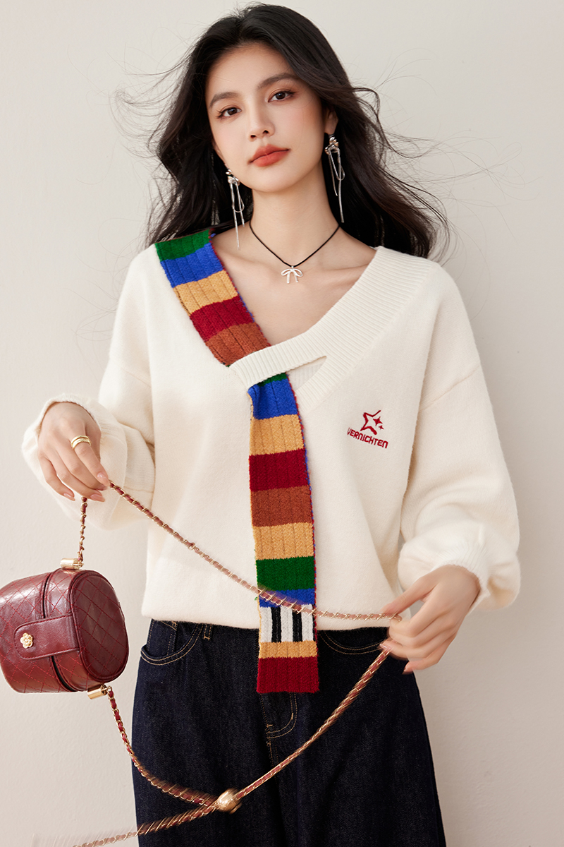 Retro autumn and winter sweater splice V-neck coat for women