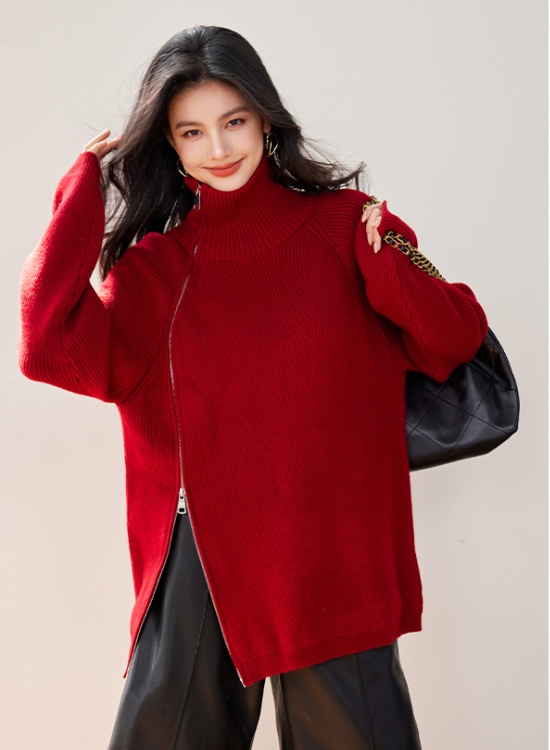 High collar red tops zip lazy bottoming shirt