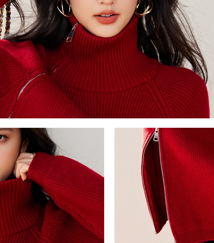 High collar red tops zip lazy bottoming shirt