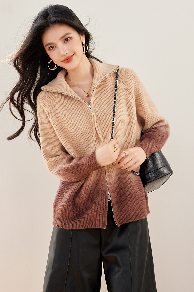 Lapel zip coat thick autumn and winter sweater for women