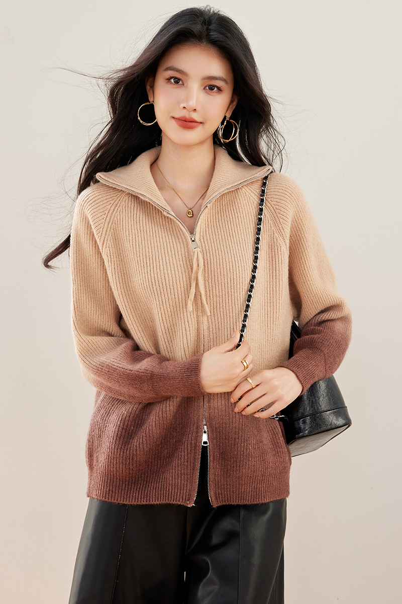 Lapel zip coat thick autumn and winter sweater for women