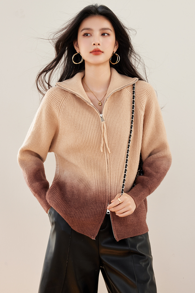 Lapel zip coat thick autumn and winter sweater for women