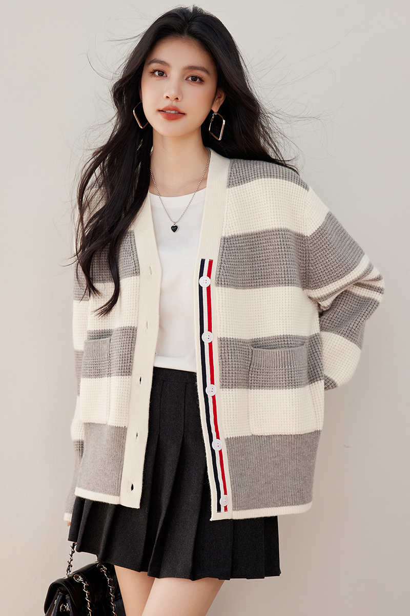 Mixed colors knitted fashion cardigan loose stripe coat