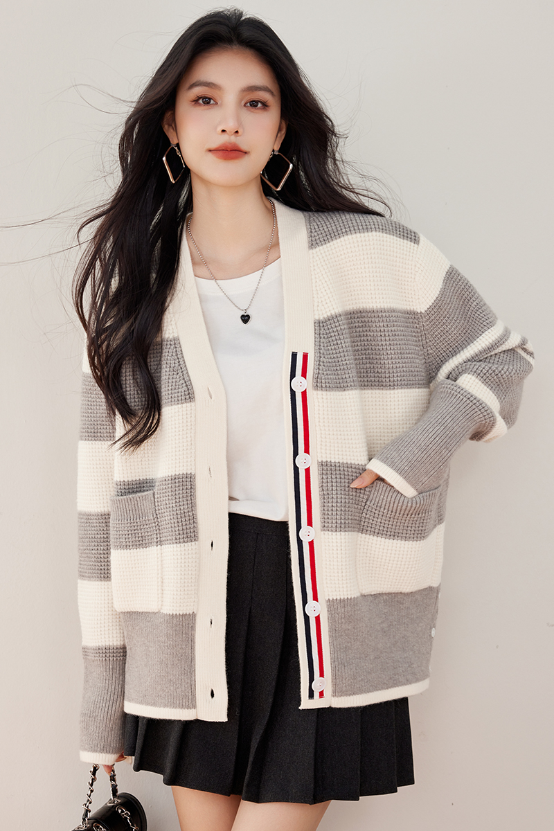 Mixed colors knitted fashion cardigan loose stripe coat