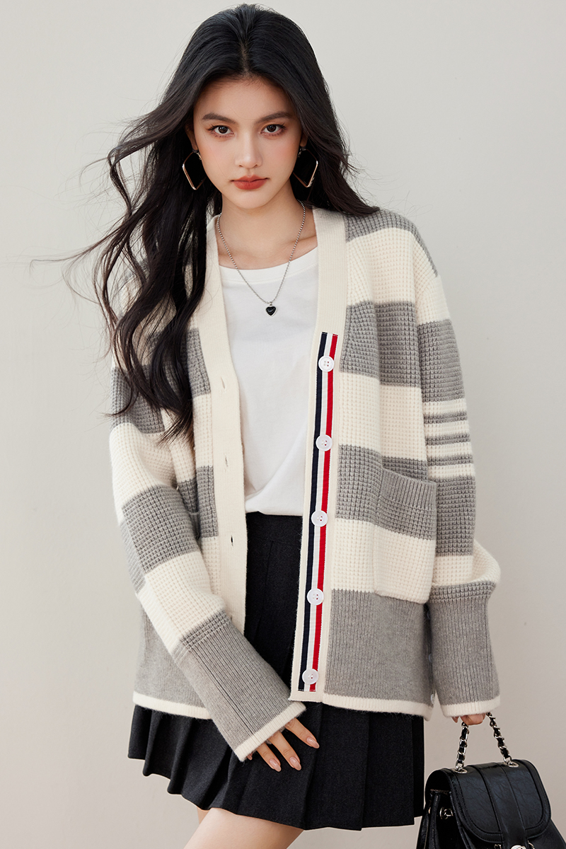 Mixed colors knitted fashion cardigan loose stripe coat