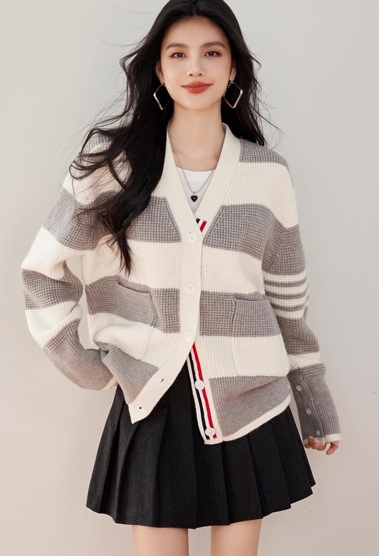 Mixed colors knitted fashion cardigan loose stripe coat