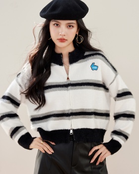 Stripe zip coat knitted cardigan for women