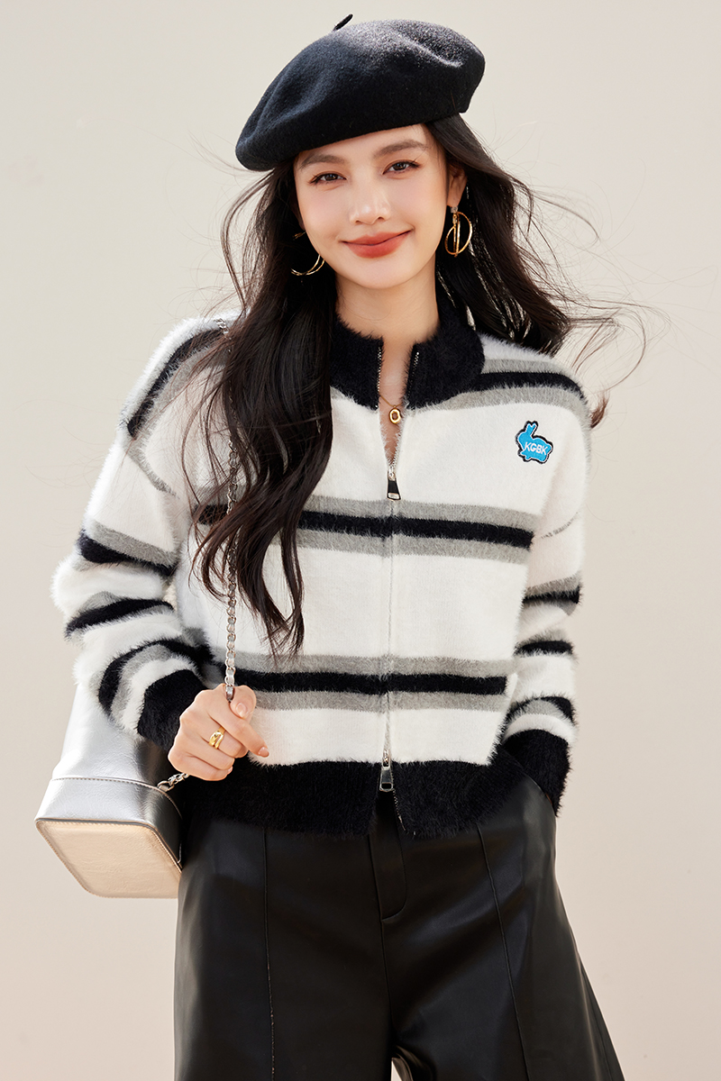 Stripe zip coat knitted cardigan for women