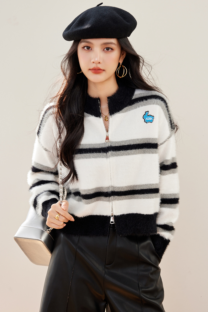 Stripe zip coat knitted cardigan for women