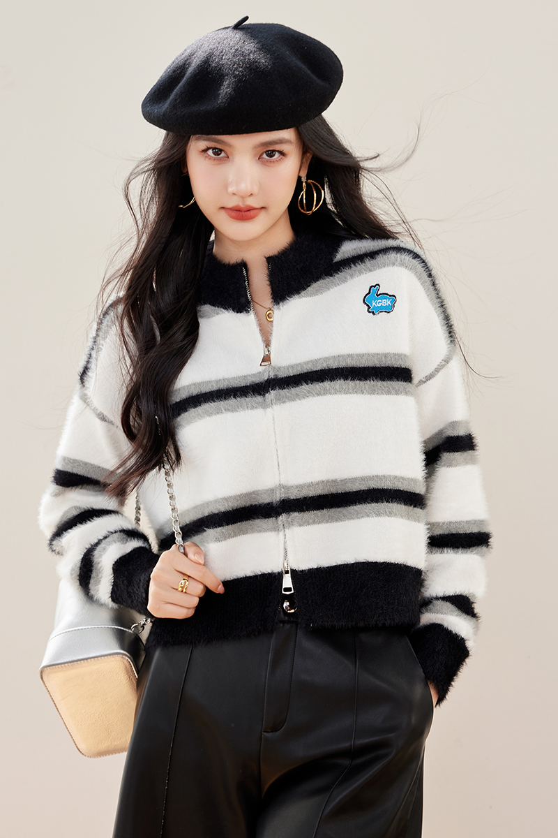 Stripe zip coat knitted cardigan for women