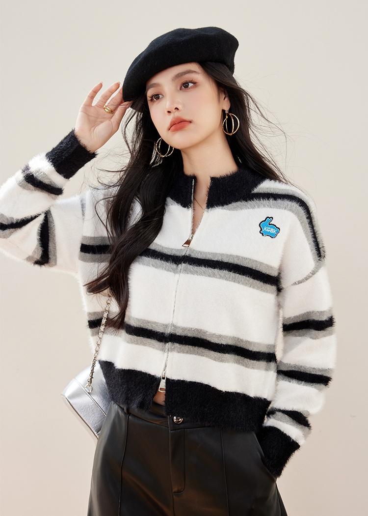 Stripe zip coat knitted cardigan for women