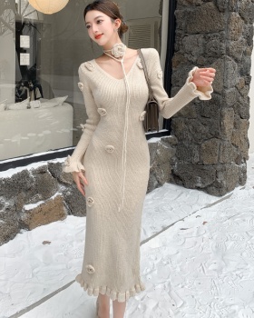 Flowers pinched waist long dress temperament knitted dress