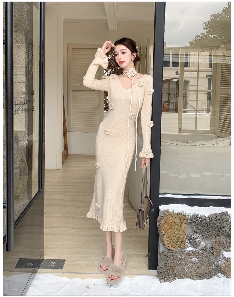 Flowers pinched waist long dress temperament knitted dress