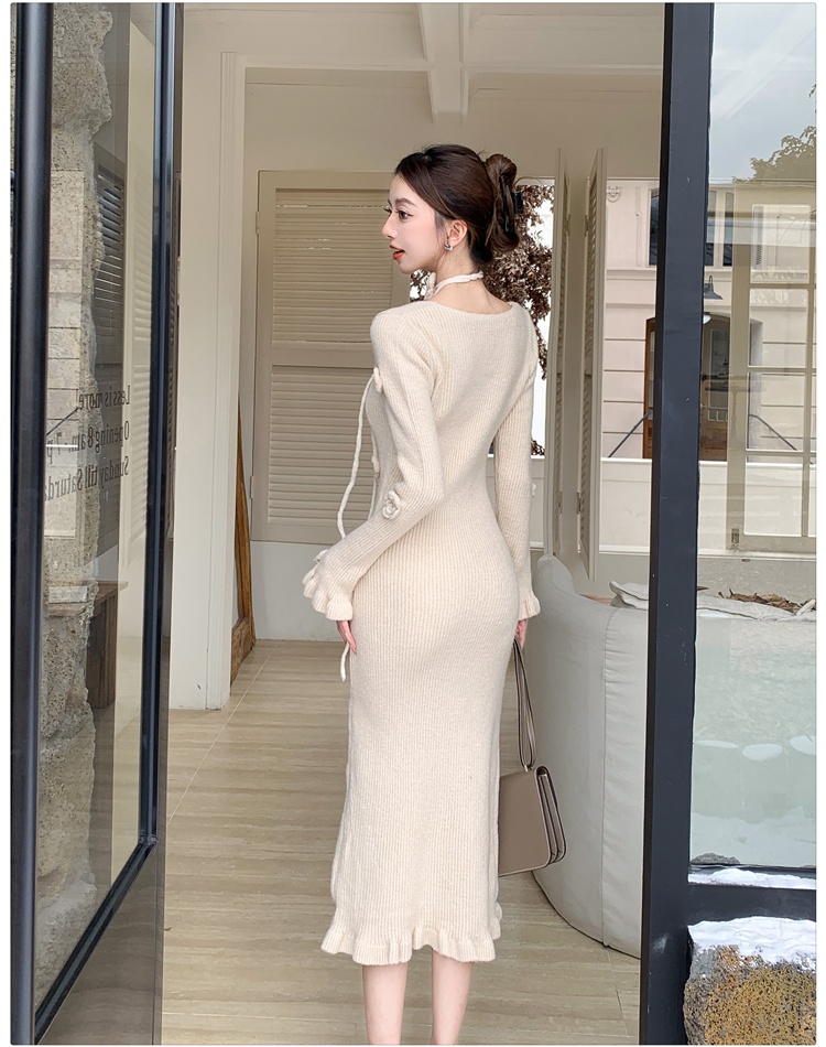 Flowers pinched waist long dress temperament knitted dress