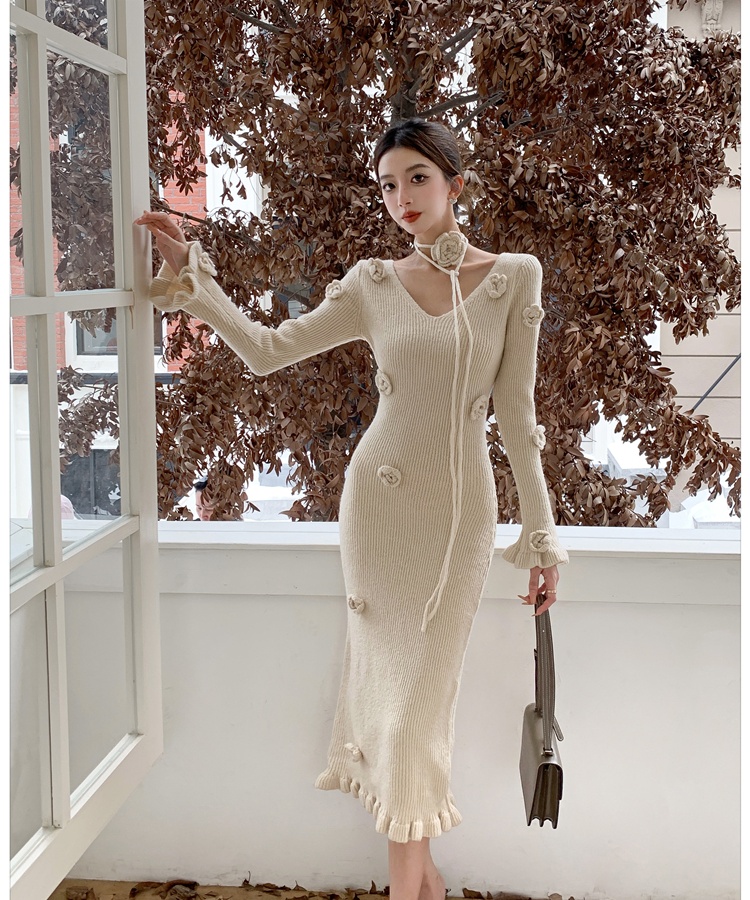 Flowers pinched waist long dress temperament knitted dress