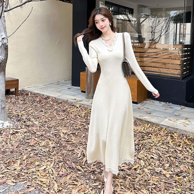 V-neck dress knitted long dress for women