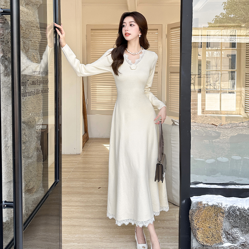 V-neck dress knitted long dress for women