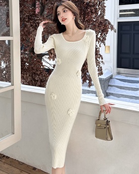 France style flowers long sleeve knitted dress for women