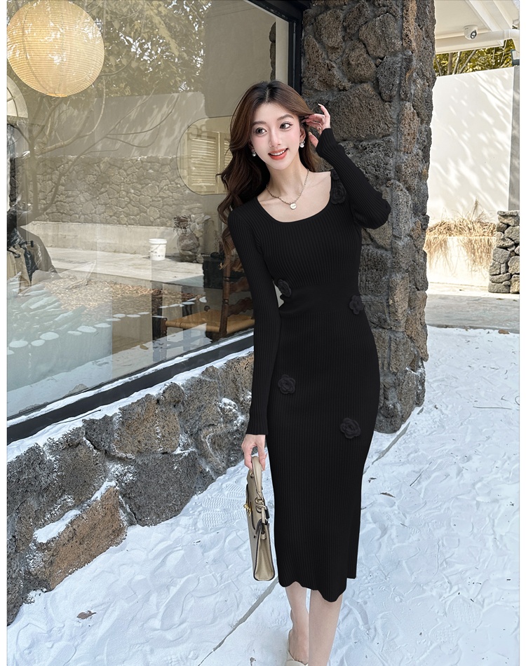 France style flowers long sleeve knitted dress for women