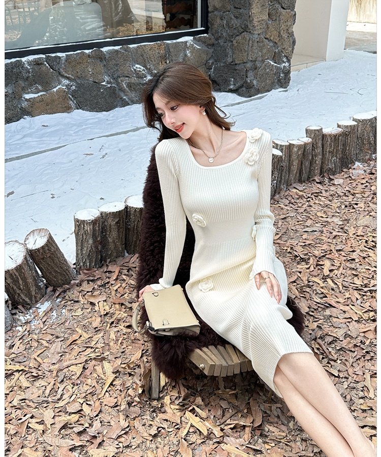 France style flowers long sleeve knitted dress for women