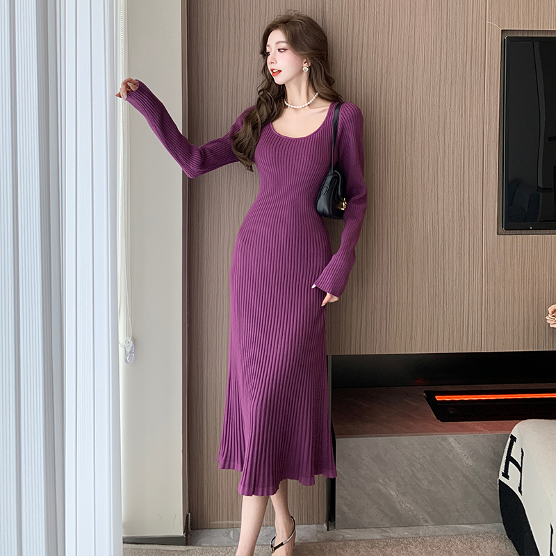 Exceed knee bottoming dress France style long sweater dress