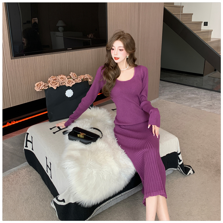 Exceed knee bottoming dress France style long sweater dress