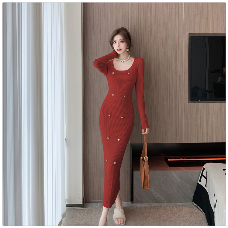 Autumn and winter retro slim square collar dress