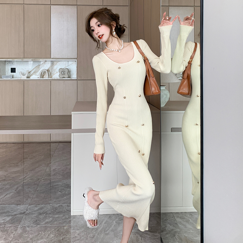 Autumn and winter retro slim square collar dress