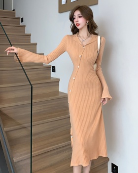 Temperament trumpet sleeves slim knitted dress for women