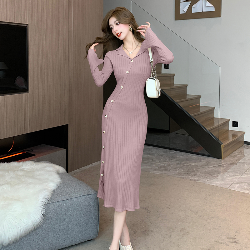 Temperament trumpet sleeves slim knitted dress for women