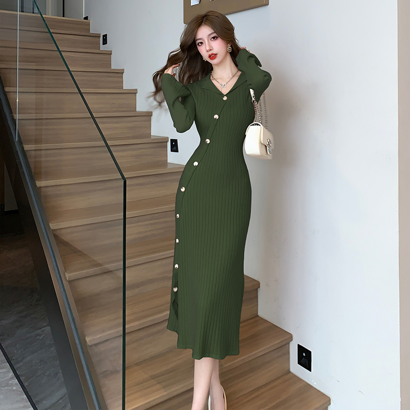 Temperament trumpet sleeves slim knitted dress for women