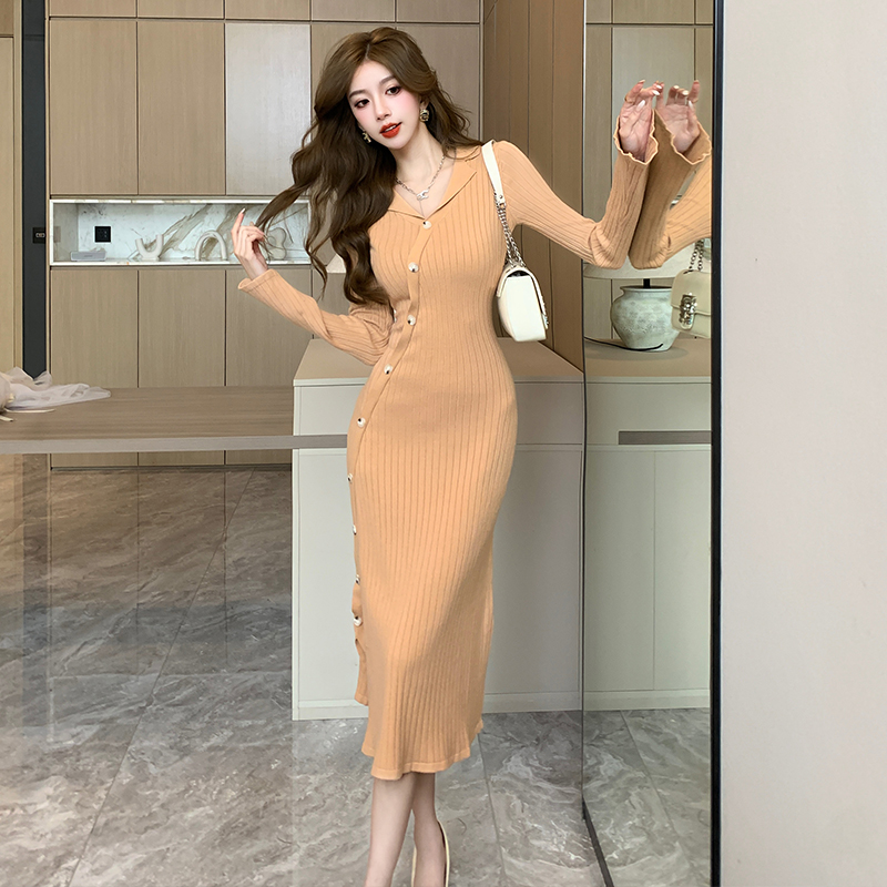 Temperament trumpet sleeves slim knitted dress for women