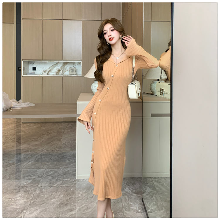 Temperament trumpet sleeves slim knitted dress for women