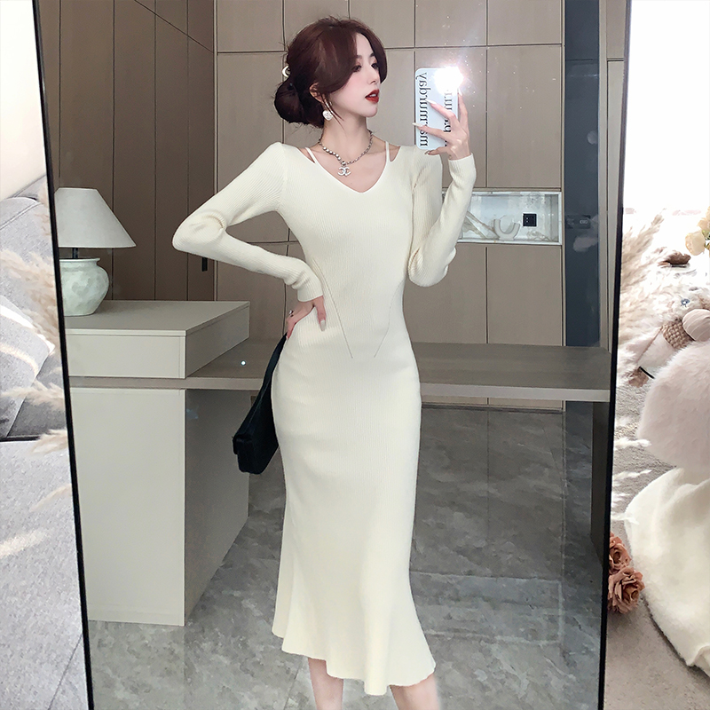 Knitted France style dress slim sweater dress for women