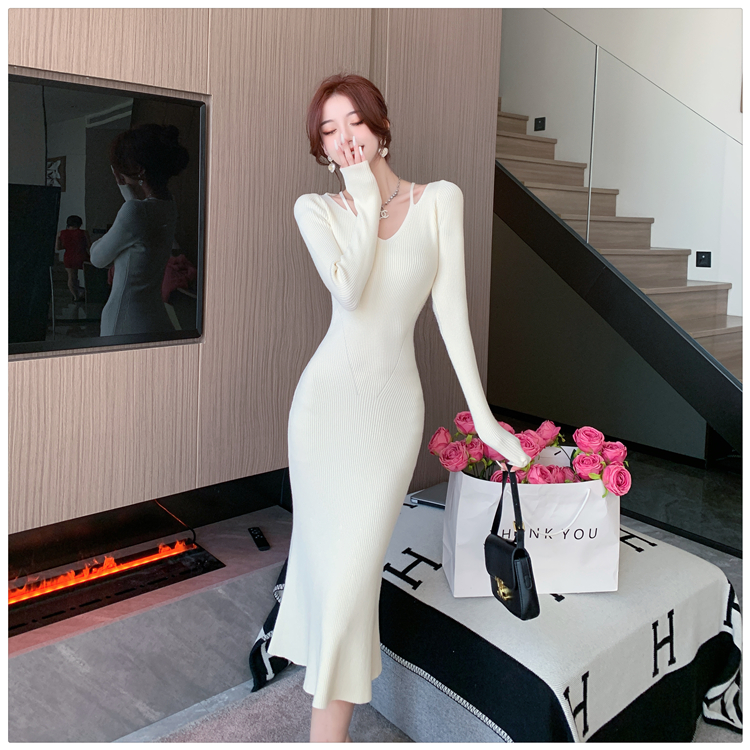 Knitted France style dress slim sweater dress for women