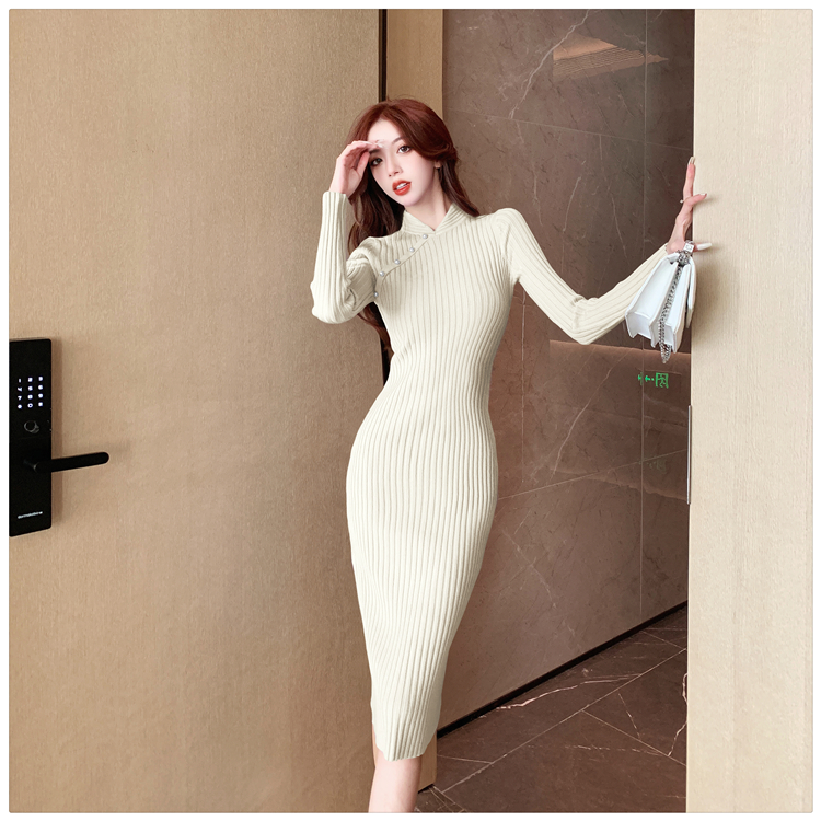 Chinese style slim cheongsam long pearl dress