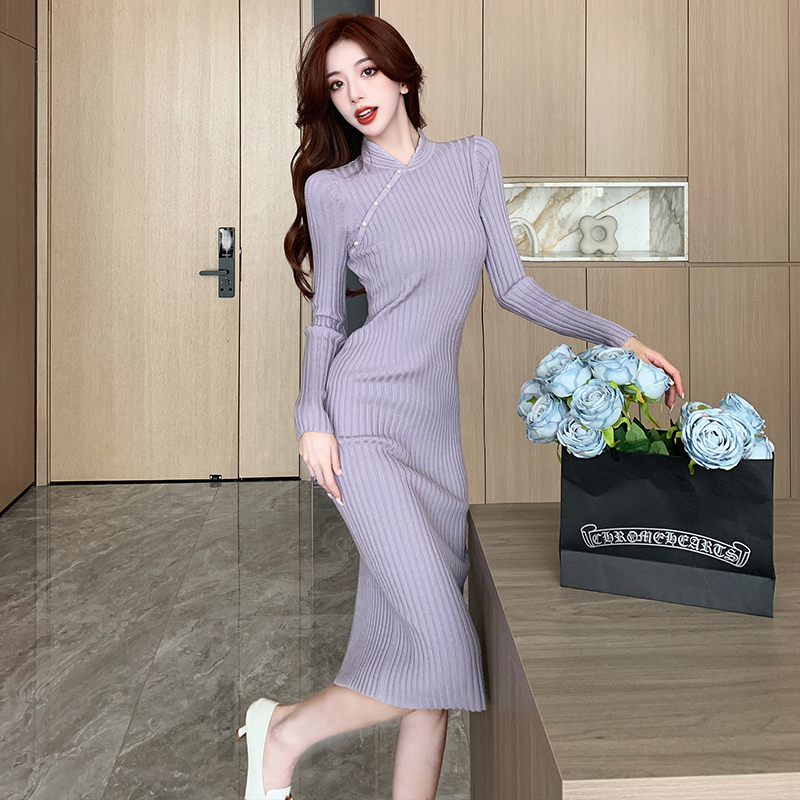 Chinese style slim cheongsam long pearl dress