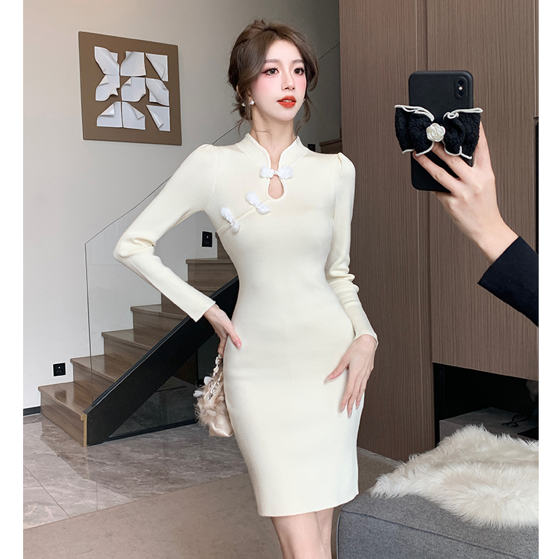 Long sleeve cheongsam knitted dress for women