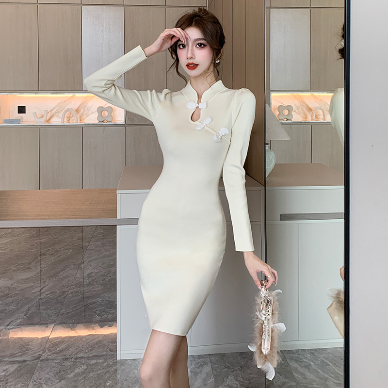 Long sleeve cheongsam knitted dress for women