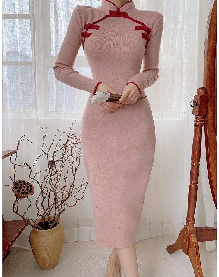 Chinese style unique cheongsam knitted dress