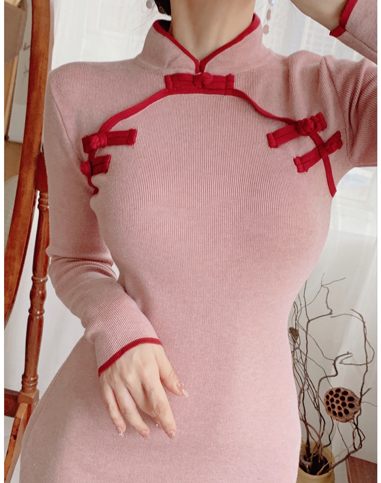 Chinese style unique cheongsam knitted dress