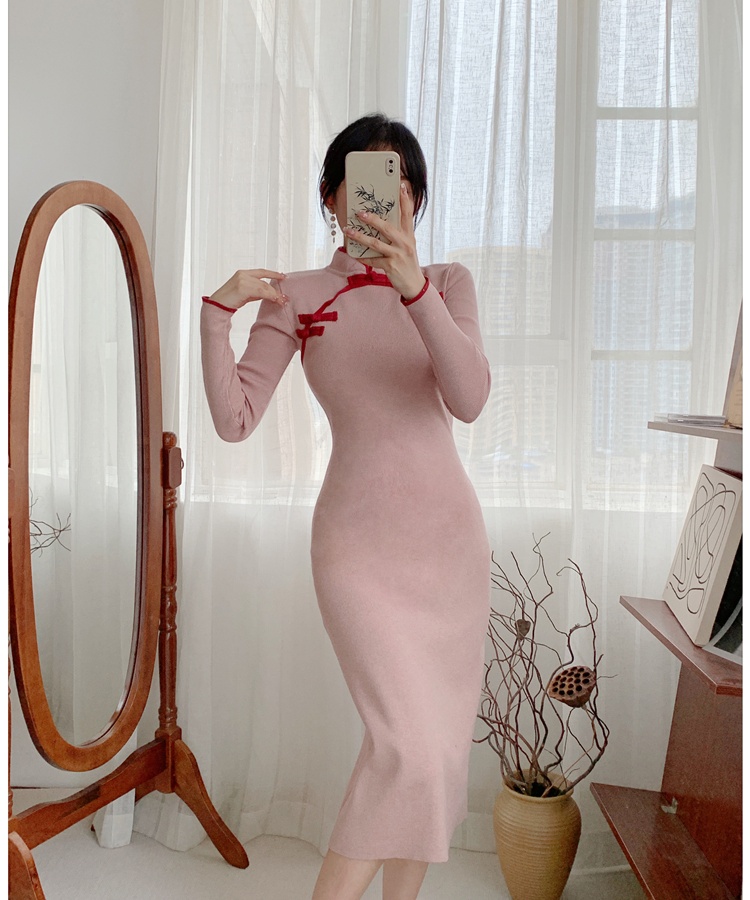 Chinese style unique cheongsam knitted dress