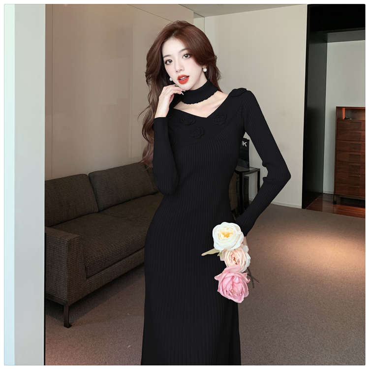 Knitted flowers temperament horizontal collar dress