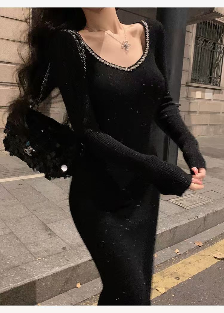 Slim long sleeve long dress knitted dress